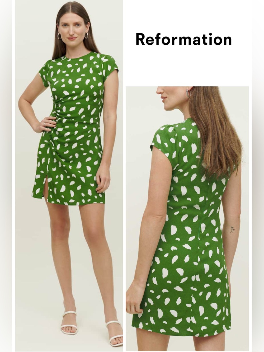 Reformation Selina Green & White Cap-Sleeve Printed Mini Dress